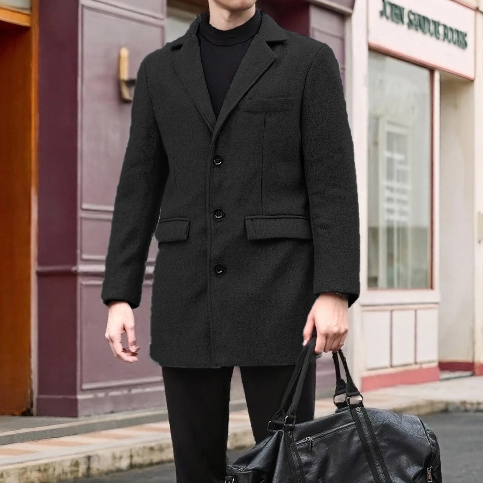 2026 Winter Fashion Men's Mid-Length Wool Overcoat Male Long Sleeve Lapel Solid Color Trench Coat Winter Outerwear