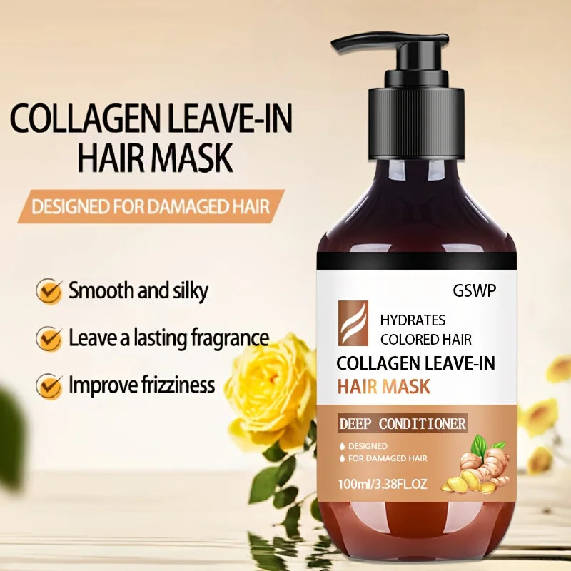 GSWP Collagen Leave-in Hair Mask, containing ginger oil and biotin, deeply moisturizes and smooths frizz.100g