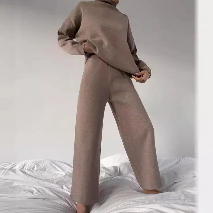 Sets Women Outfits Elegant Turtleneck Long-sleeved Sweater Trouser Suit Solid Color Comfortable Wide Leg Home Conjuntos De Mujer