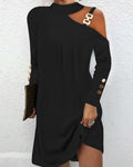 Fashion Women Solid Casual Dress Female Elegant Long Sleeve Metal Buckle Halter Neck Casual Mini Dress