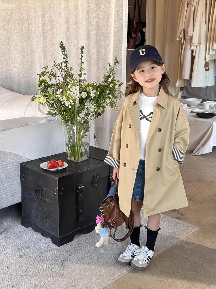 Girl's Trench Coat Spring and Autumn Children's Western British Style Medium length Jacket 110-160cm