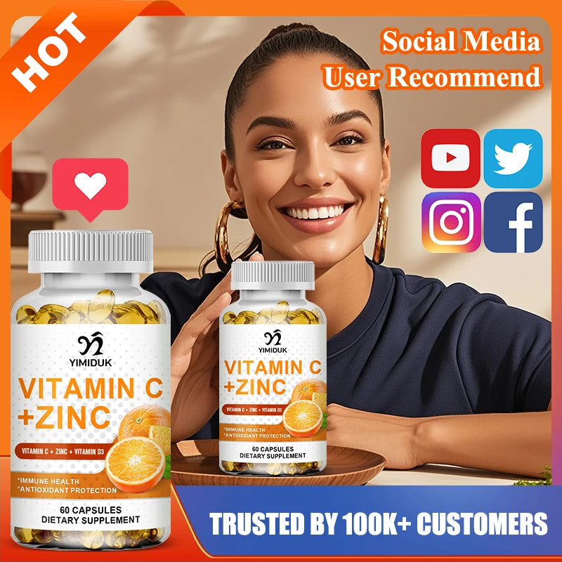 Yimiduk Premium Vitamin C & Zinc Supplement, for Energy, Metabolism & Overall Defense, Boosts Collagen & Skin Health, Non-GMO 