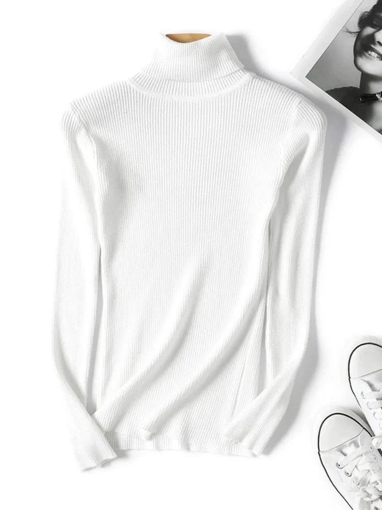 Casual Soft Polo-neck Jumper New Autumn Winter Women Knitted Turtleneck Sweater Fashion Slim Elasticity Solid Ribbed Pullovers 