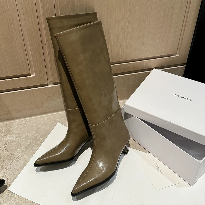 QUTAA Fashion News Women Knee High Boots Pointed Toe Winter Woman Shoes High Heels Cow Leather Long Boots Black Size 34-40