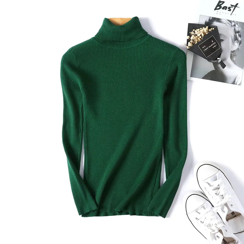 Casual Soft Polo-neck Jumper New Autumn Winter Women Knitted Turtleneck Sweater Fashion Slim Elasticity Solid Ribbed Pullovers 