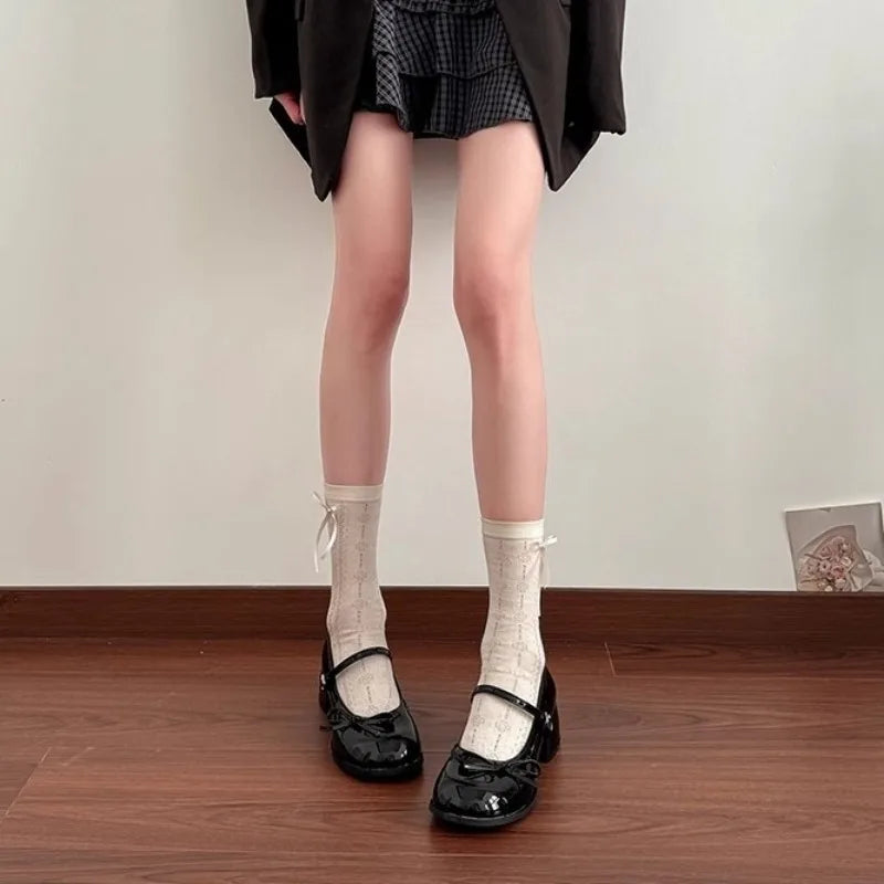 Women French Ballet Mary Jane Shoes Fashion with Bow Casual Leather Shoes Patent Leather Thick Heel Shoes Sandals Women Summer 