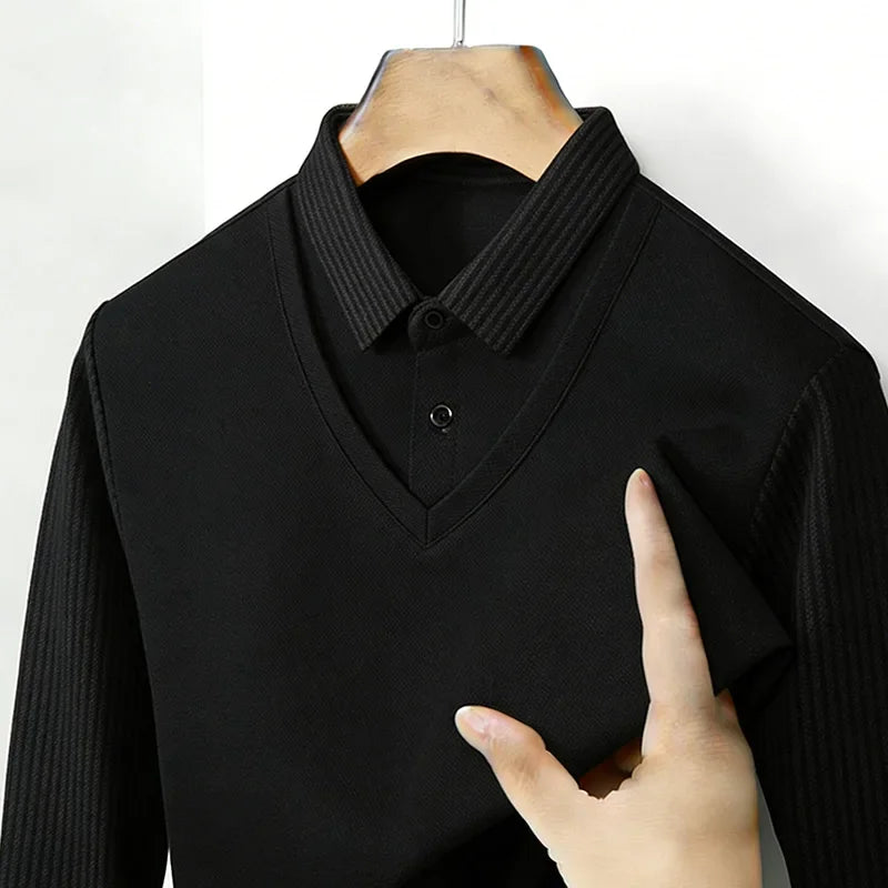 Men's Fake Two Piece Shirt Collar V Neck Long Sleeve Top Khaki Striped Casual Fashion Soft Fabric Daily Wear Blou 