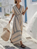 Casual Loose Retro Striped Print Holiday Dress Summer Short Sleeve V Neck Robes Dress Boho Beach Pleated A-Line Long Dress Woman vestido de verano de mujer