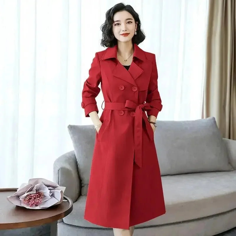 Women Trench Coat Spring 2025 New Fashion Khaki Black Double-Breasted Mid Length Windbreaker Female Outerwear Gabardina Mujer