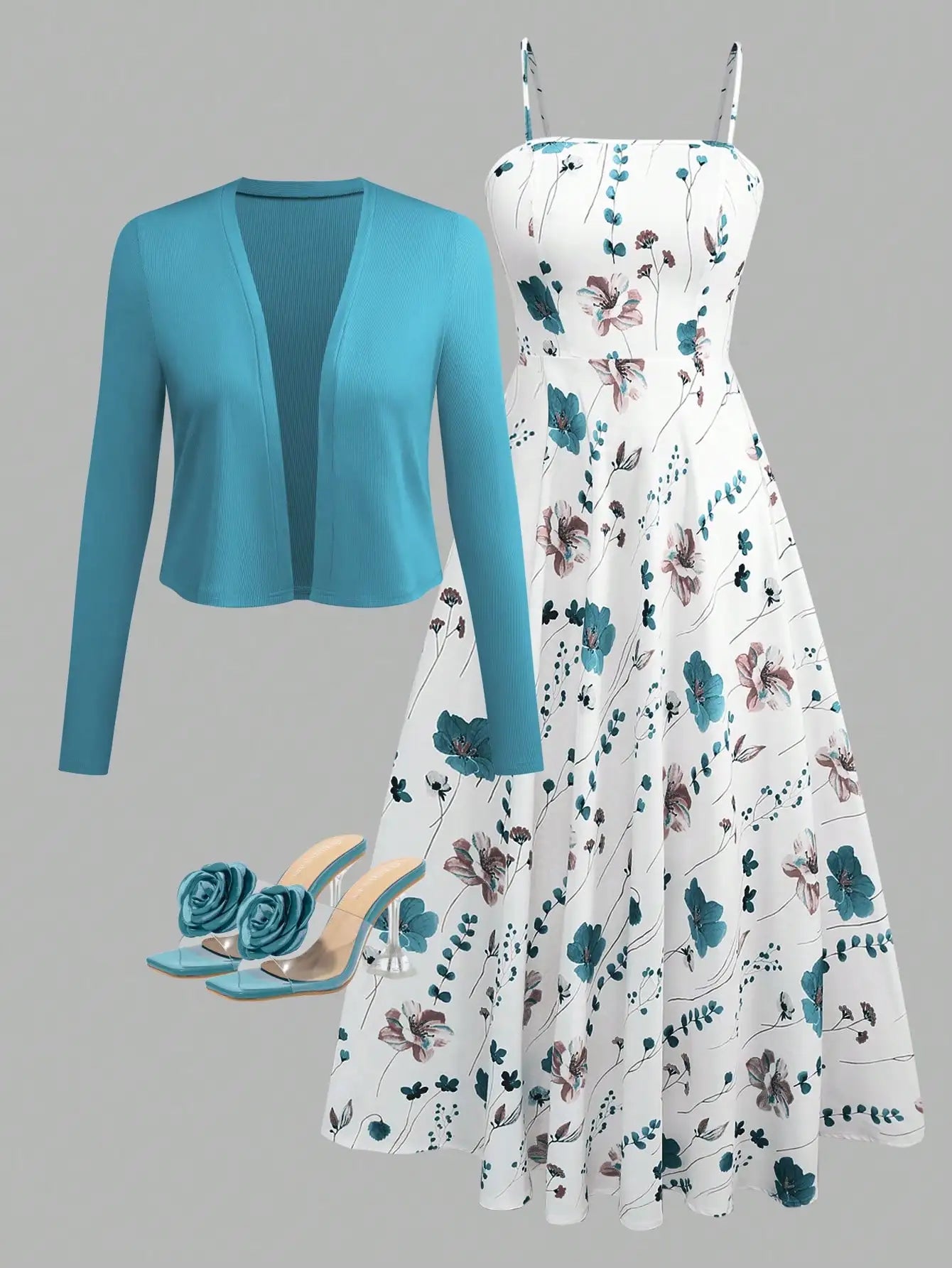 Women's Elegant Leopard Print Camisole Dress With Waist Cincher & Knit Cardigan Set