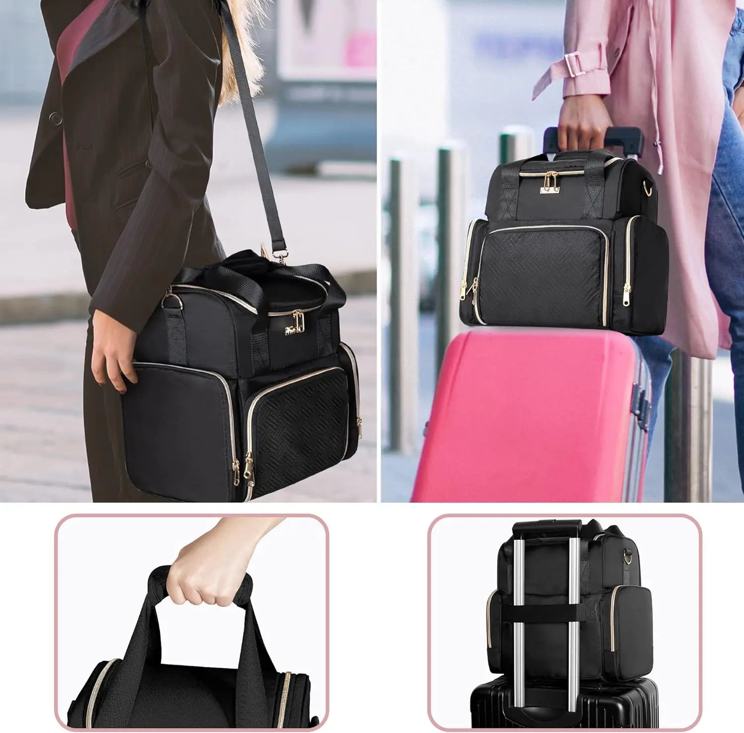Large Travel Cosmetic Bag with 3 Removable Cases, Double Layer Organizer and Brush Storage in Black