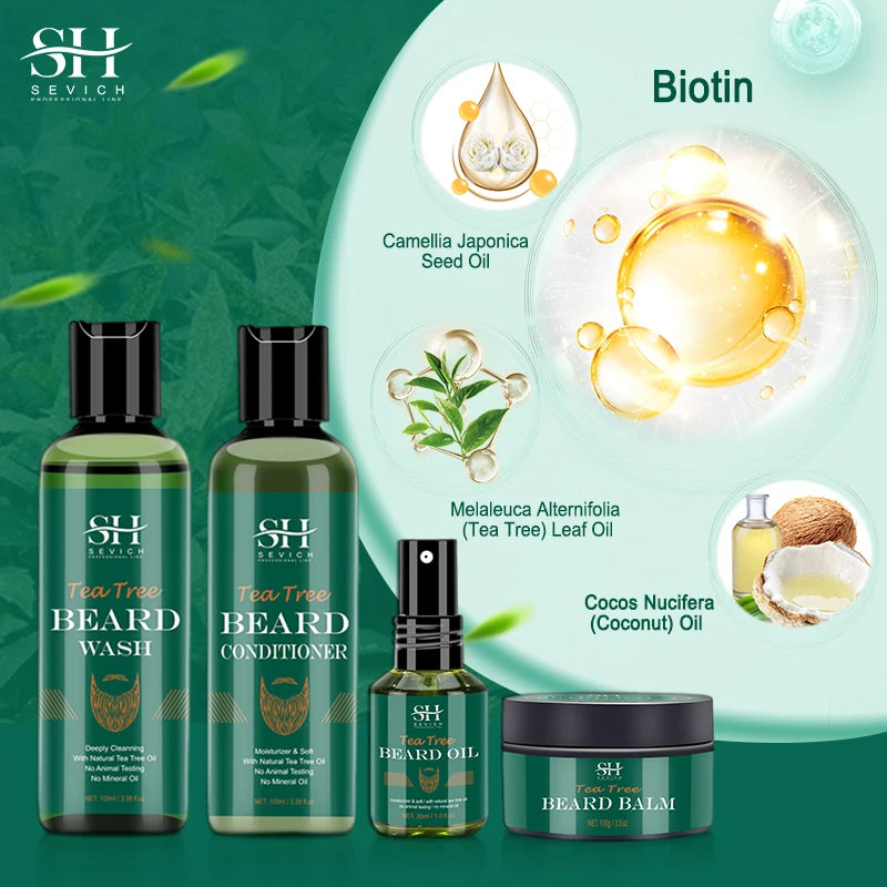Beard Growth Kit For Men Tea Tree Hair Enhancer Thicker Beard Care Oil Nourishing Moisturizing Beard Conditioner Anti Hair Loss 