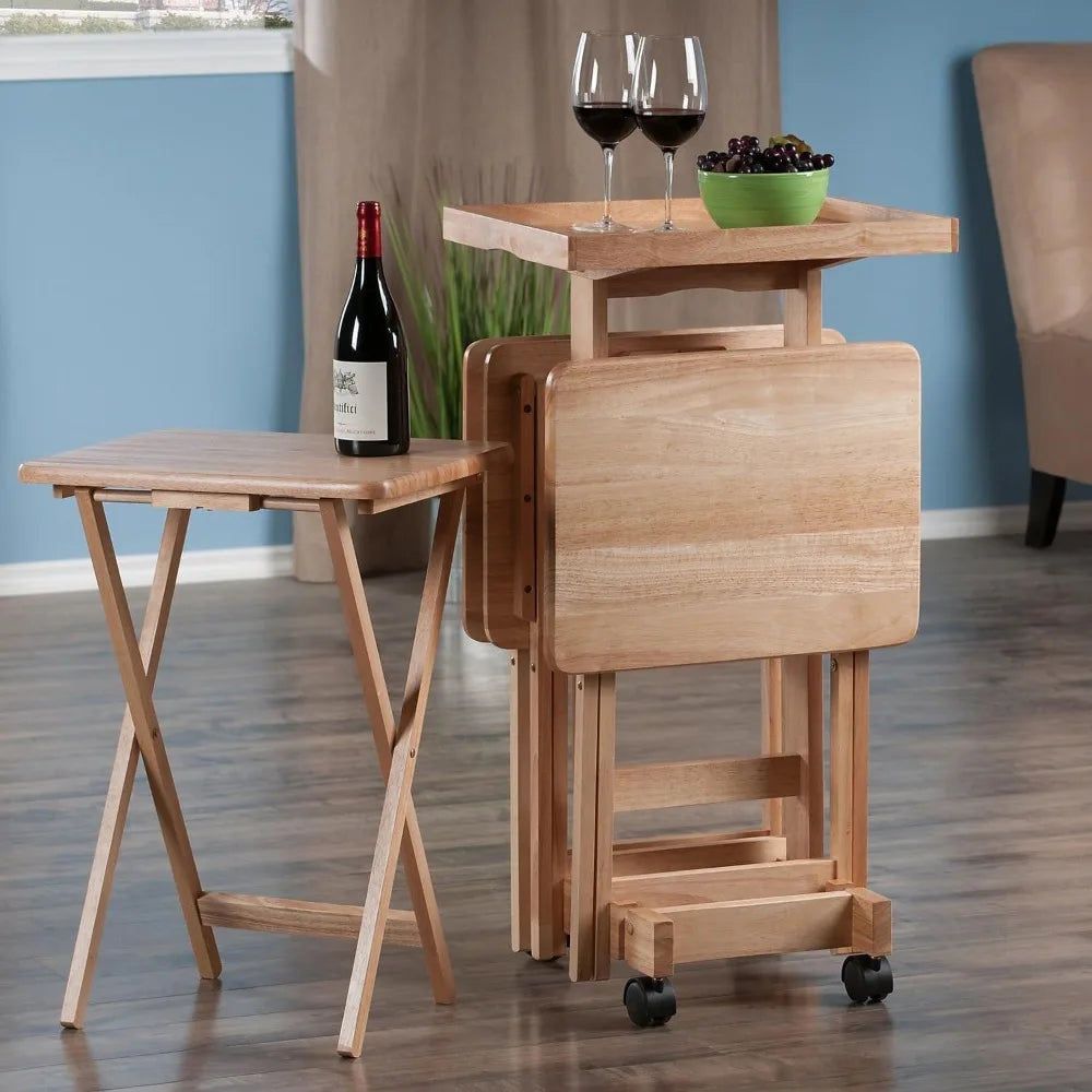 Isabelle Snack Table Set with Mobile Stand, for Living Room, Patio, Natural, Set of 4 Tables