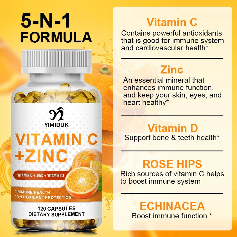 Yimiduk Premium Vitamin C & Zinc Supplement, for Energy, Metabolism & Overall Defense, Boosts Collagen & Skin Health, Non-GMO 