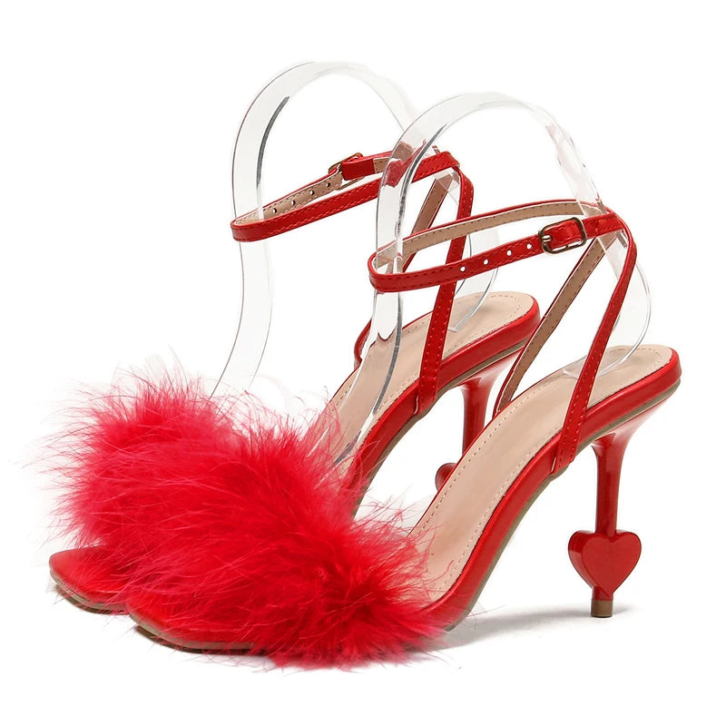 Eilyken Design Fuzzy Feather Buckle Strap Sandals Womens Fashion Summer Strange High Heels Sexy Wedding Stripper Party Shoes