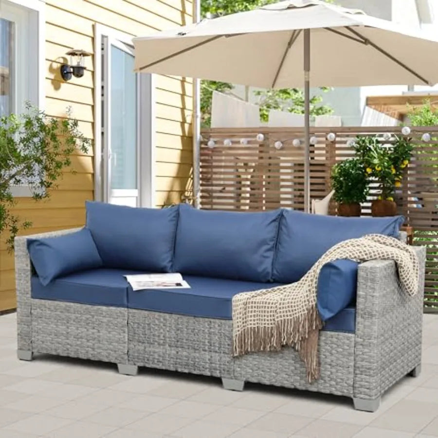 Outdoor Couch 3 Seater Wicker Patio Sofa Gray Rattan Deep Seat Balcony Furniture Porch Seating with Navy Blue Cushion