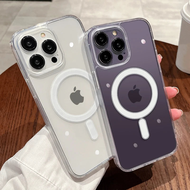 For Magesafe Magnetic Transparent Wireless Charging Case For iPhone 11 12 13 14 15 16 17 Air Pro Max Plus Mini Shockproof PC Cover 