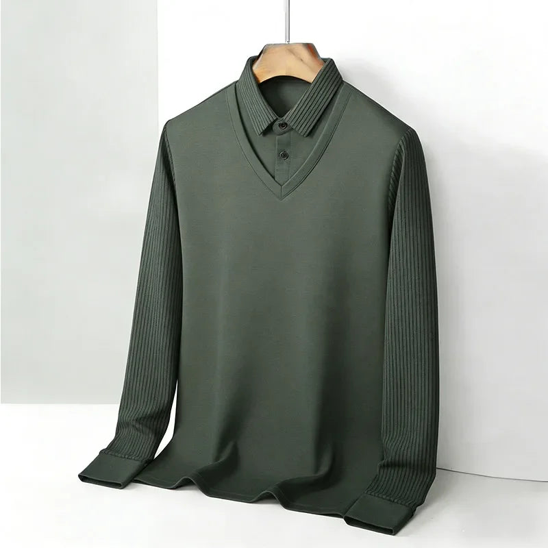 Men's Fake Two Piece Shirt Collar V Neck Long Sleeve Top Khaki Striped Casual Fashion Soft Fabric Daily Wear Blou 