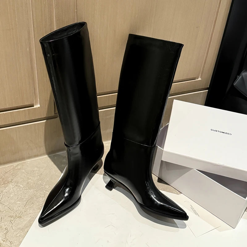 QUTAA Fashion News Women Knee High Boots Pointed Toe Winter Woman Shoes High Heels Cow Leather Long Boots Black Size 34-40