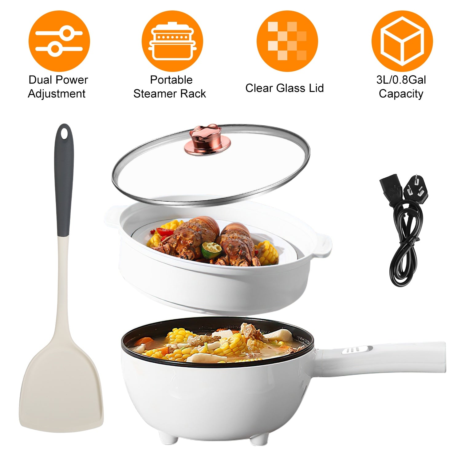Electric Hot Pot Non-Stick Frying Pan Portable Rapid Noodles Cooker With Long Handle Steamer Spatula Dual Power Control Overheat Dry-Boil Protection For College Dorm Room Essential For Food Prepare