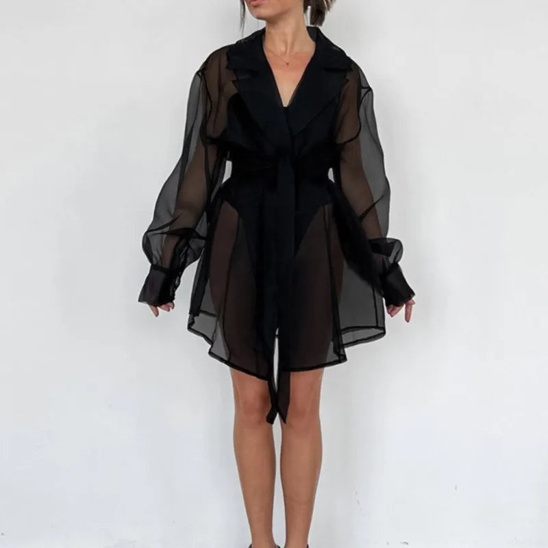 Black Sheer Trench Coat Women 2025 New Long Sleeve Belted Loose Fit Sheer Blouse Casual Streetwear Autumn Sheer Outerwear Dress