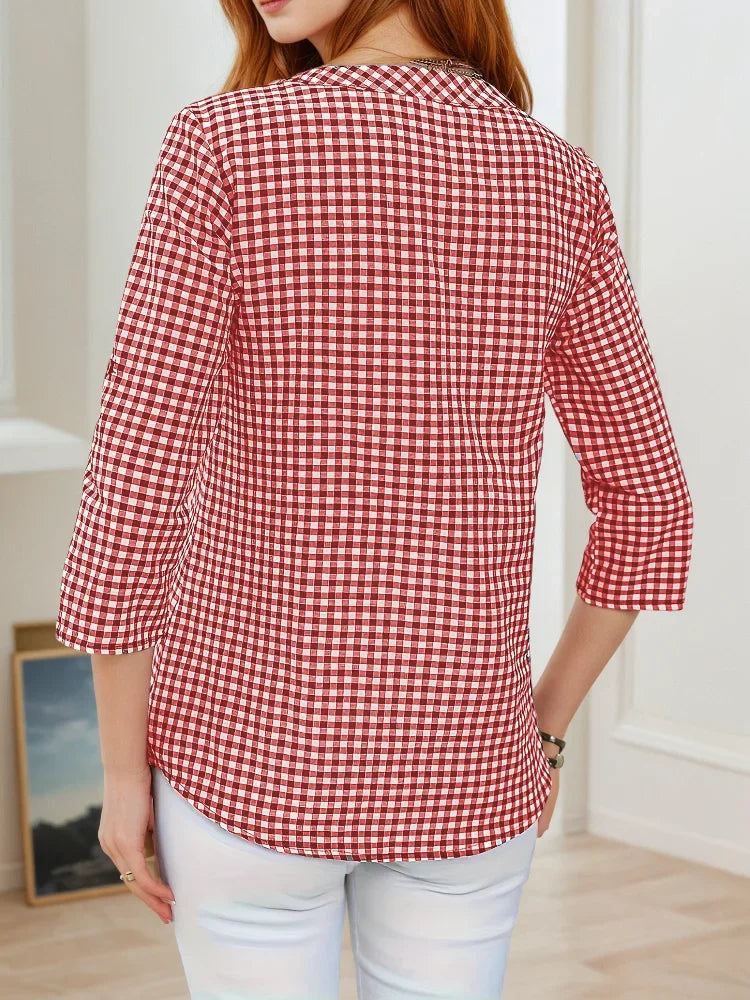 Plus Size Spring Autumn Women Fine Plaid Fashion Long Sleeve V-Neck Blouse Slim Fit Temperament Top Belly Covering Small Shirts