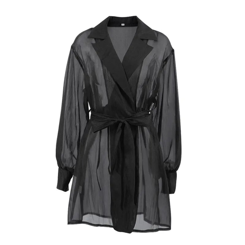 Black Sheer Trench Coat Women 2025 New Long Sleeve Belted Loose Fit Sheer Blouse Casual Streetwear Autumn Sheer Outerwear Dress