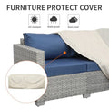 Outdoor Couch 3 Seater Wicker Patio Sofa Gray Rattan Deep Seat Balcony Furniture Porch Seating with Navy Blue Cushion
