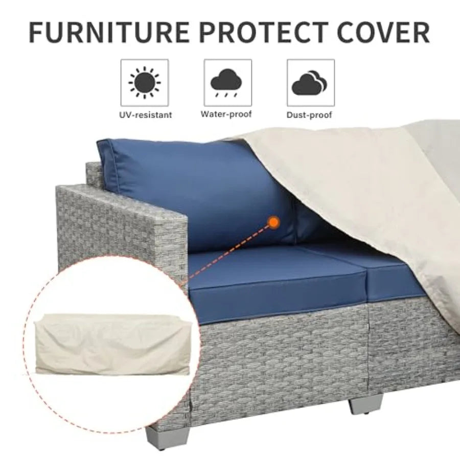 Outdoor Couch 3 Seater Wicker Patio Sofa Gray Rattan Deep Seat Balcony Furniture Porch Seating with Navy Blue Cushion