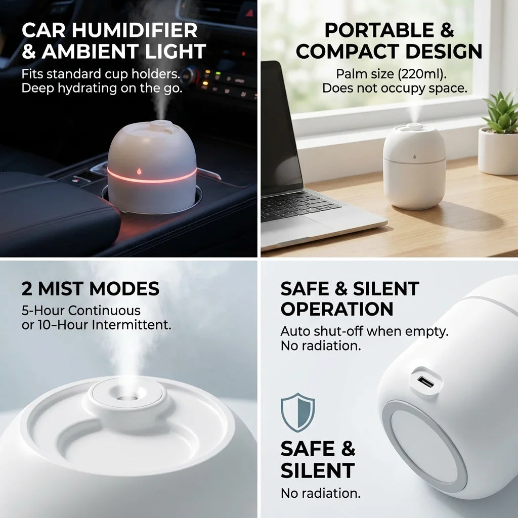220ml Portable USB Ultrasonic Air Mini Humidifier Essential Oil Diffuser Car Purifier Aroma Anion Mist Maker