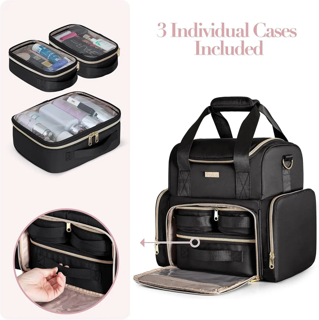 Large Travel Cosmetic Bag with 3 Removable Cases, Double Layer Organizer and Brush Storage in Black