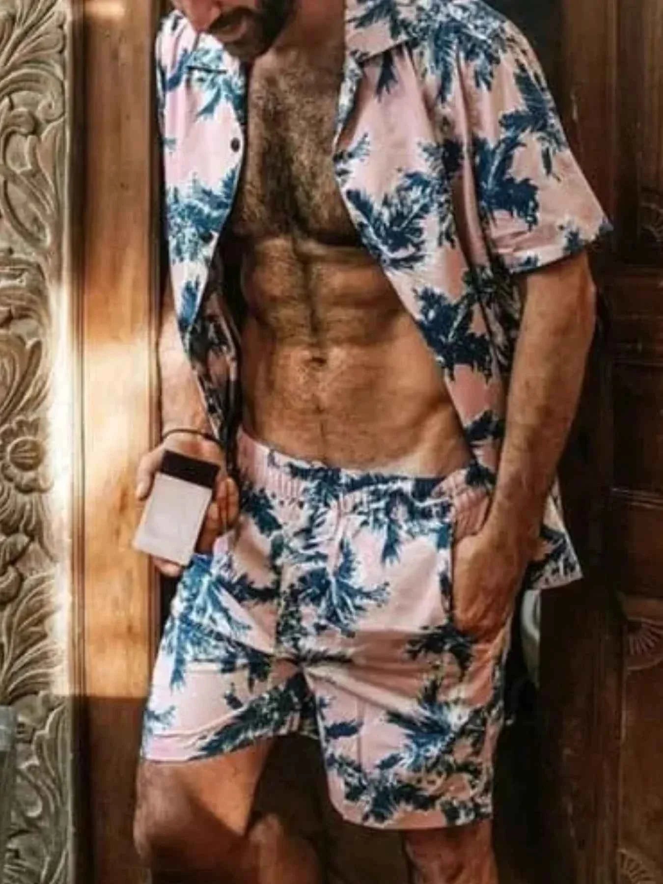 Men's Full Size Tropical Print Hawaiian Style Top and Shorts Set Plus Size