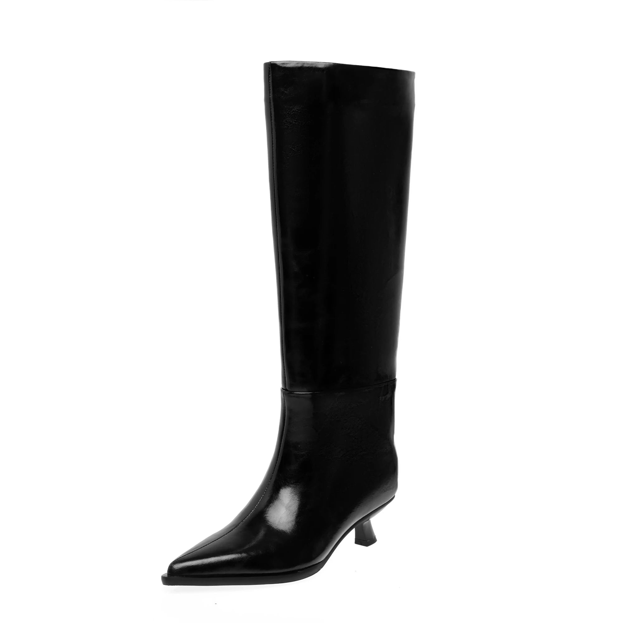 QUTAA Fashion News Women Knee High Boots Pointed Toe Winter Woman Shoes High Heels Cow Leather Long Boots Black Size 34-40