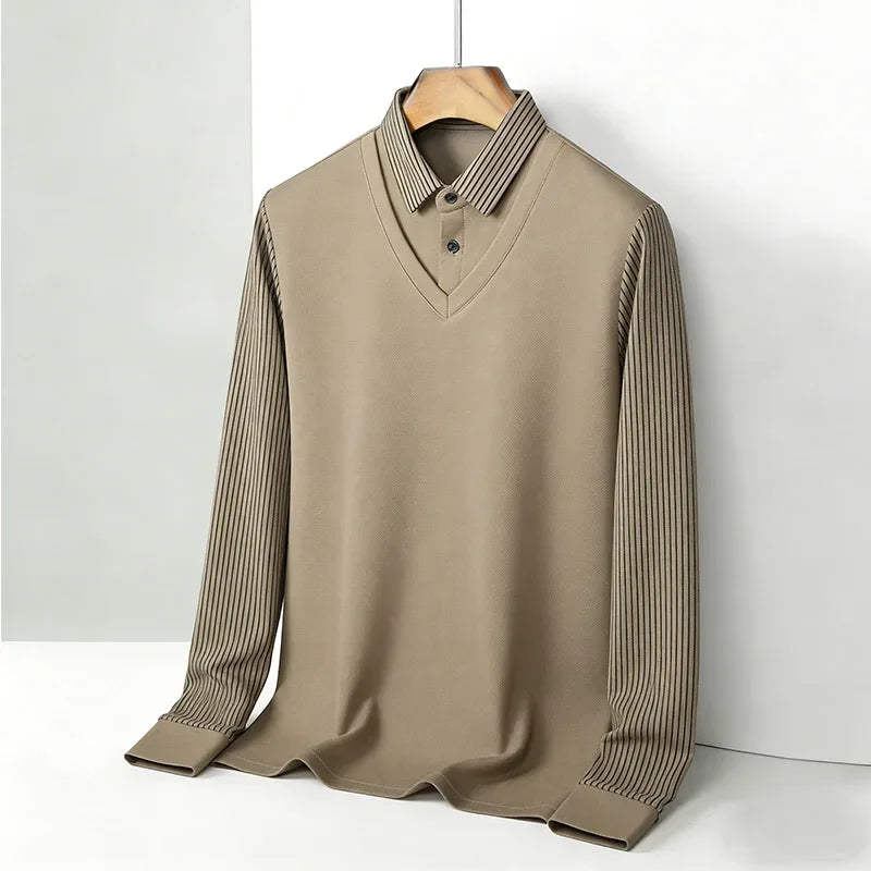 Men's Fake Two Piece Shirt Collar V Neck Long Sleeve Top Khaki Striped Casual Fashion Soft Fabric Daily Wear Blou 