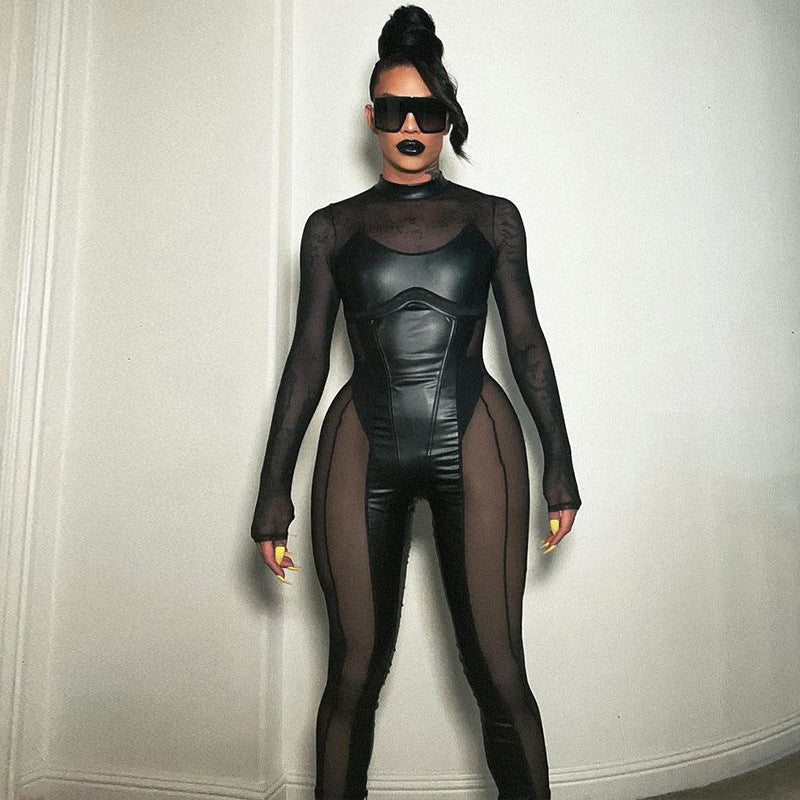 Spliced Mesh Sheer Long-Sleeve Sexy Bodycon Black Jumpsuit
