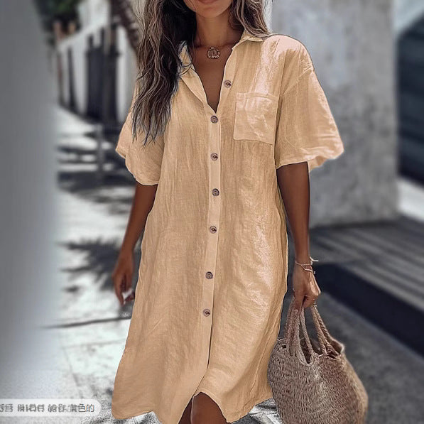 Casual Solid Shirt Dress Lady Fashion Short Sleeve Button Loose Dresses Women Elegant Office Skirt Womens Clothing Summer camisa manga corta de verano mujer.