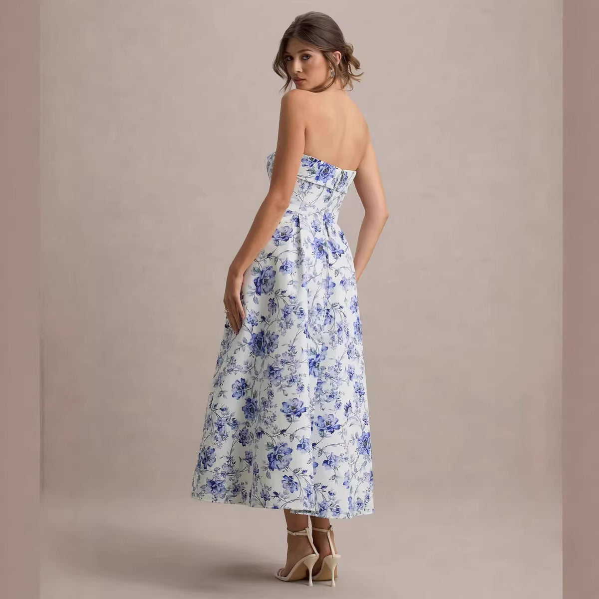Elegant Strapless Waist-Cinched Off-Shoulder Printed Dress