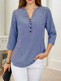 Plus Size Spring Autumn Women Fine Plaid Fashion Long Sleeve V-Neck Blouse Slim Fit Temperament Top Belly Covering Small Shirts