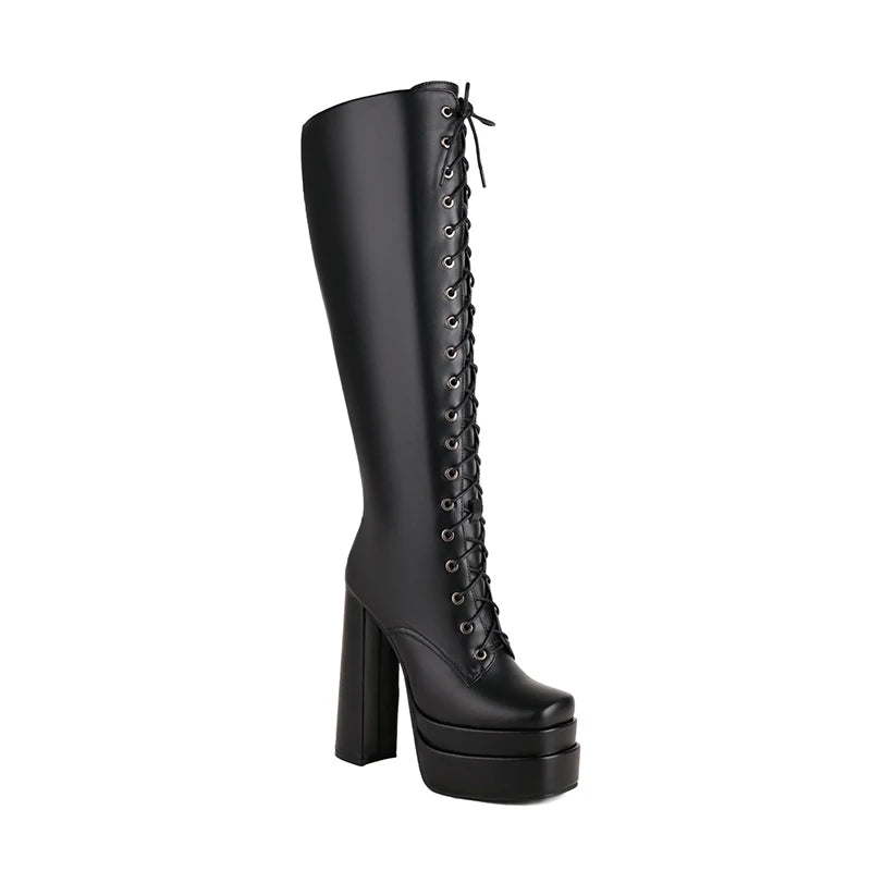 Cross-Tied Punk Style Super Chunky Heel Three-Layer Platform Women's Long Boots Side Zip Plush Lining Winter Knee-High Boots