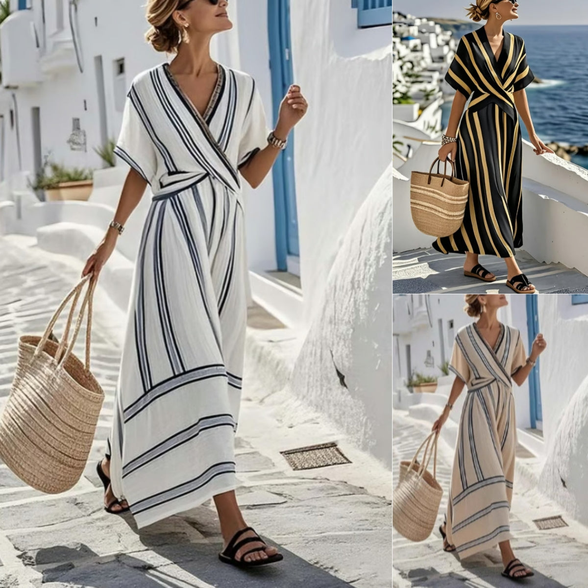 Casual Loose Retro Striped Print Holiday Dress Summer Short Sleeve V Neck Robes Dress Boho Beach Pleated A-Line Long Dress Woman vestido de verano de mujer