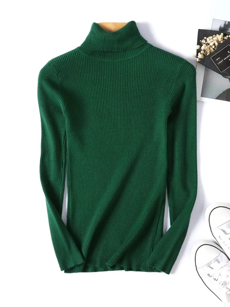 Casual Soft Polo-neck Jumper New Autumn Winter Women Knitted Turtleneck Sweater Fashion Slim Elasticity Solid Ribbed Pullovers 