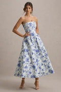 Elegant Strapless Waist-Cinched Off-Shoulder Printed Dress