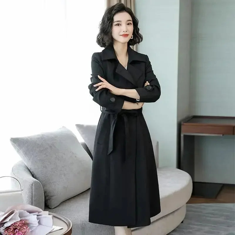 Women Trench Coat Spring 2025 New Fashion Khaki Black Double-Breasted Mid Length Windbreaker Female Outerwear Gabardina Mujer