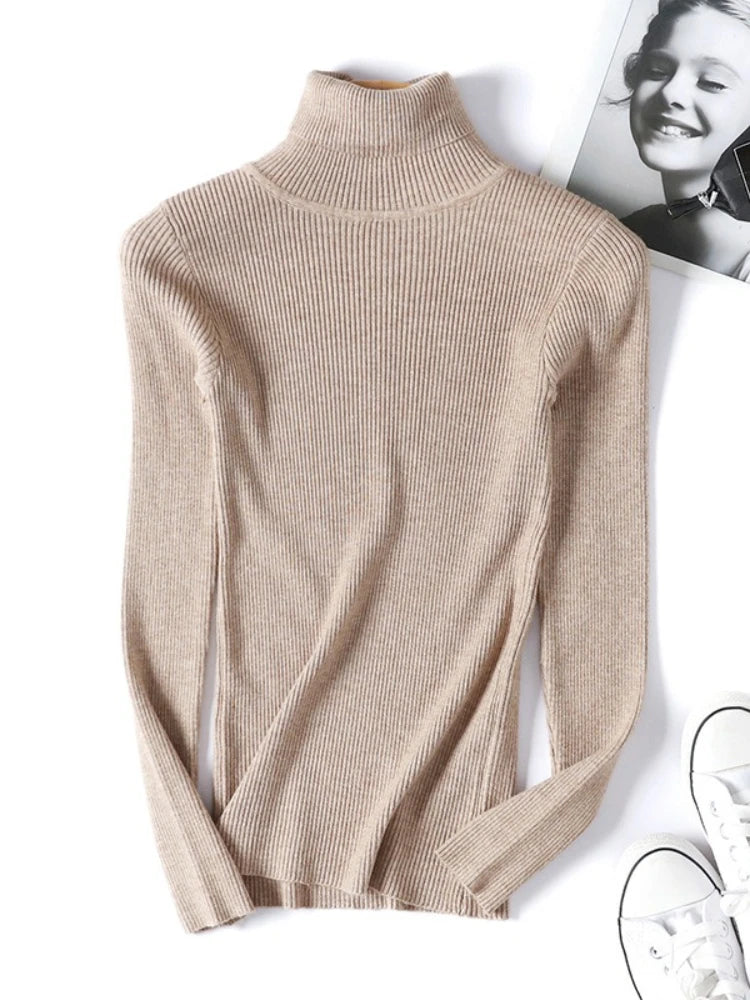 Casual Soft Polo-neck Jumper New Autumn Winter Women Knitted Turtleneck Sweater Fashion Slim Elasticity Solid Ribbed Pullovers 