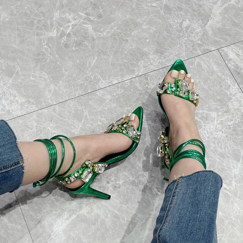 Sexy Ankle Strap Golded Sandals Women Party Nightclub Stripper Heels High Quality Crystal Diamond Pointed Toe Wedding Shoe