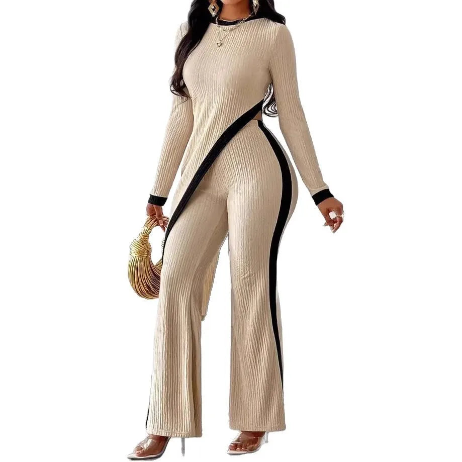 New Women's Sets 2 Pieces Elegant Round Neck Slim Irregular Sexy Solid Color Top + Wide-leg Loose Trousers Ladies Clothes