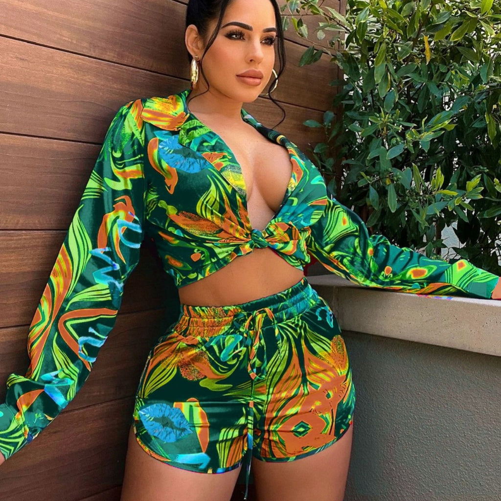 Womens Printed Short-Sleeve Shirt And Casual Hot-Pants Set