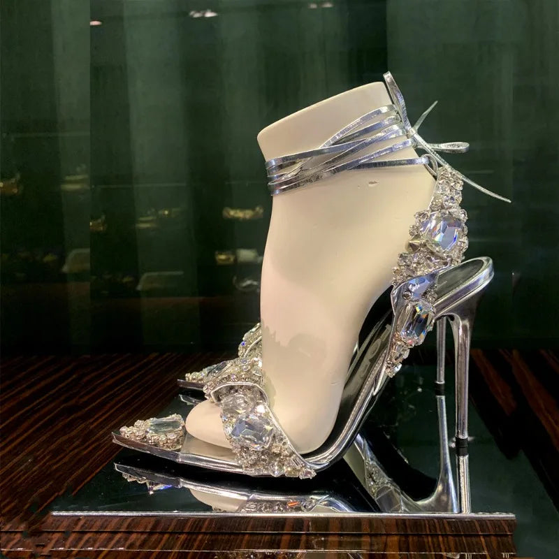 Sexy Ankle Strap Golded Sandals Women Party Nightclub Stripper Heels High Quality Crystal Diamond Pointed Toe Wedding Shoe