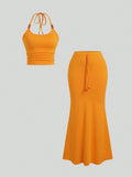 Women's Orange Halter Top & Bodycon Mermaid Skirt 2-Piece Set with Beaded Straps 