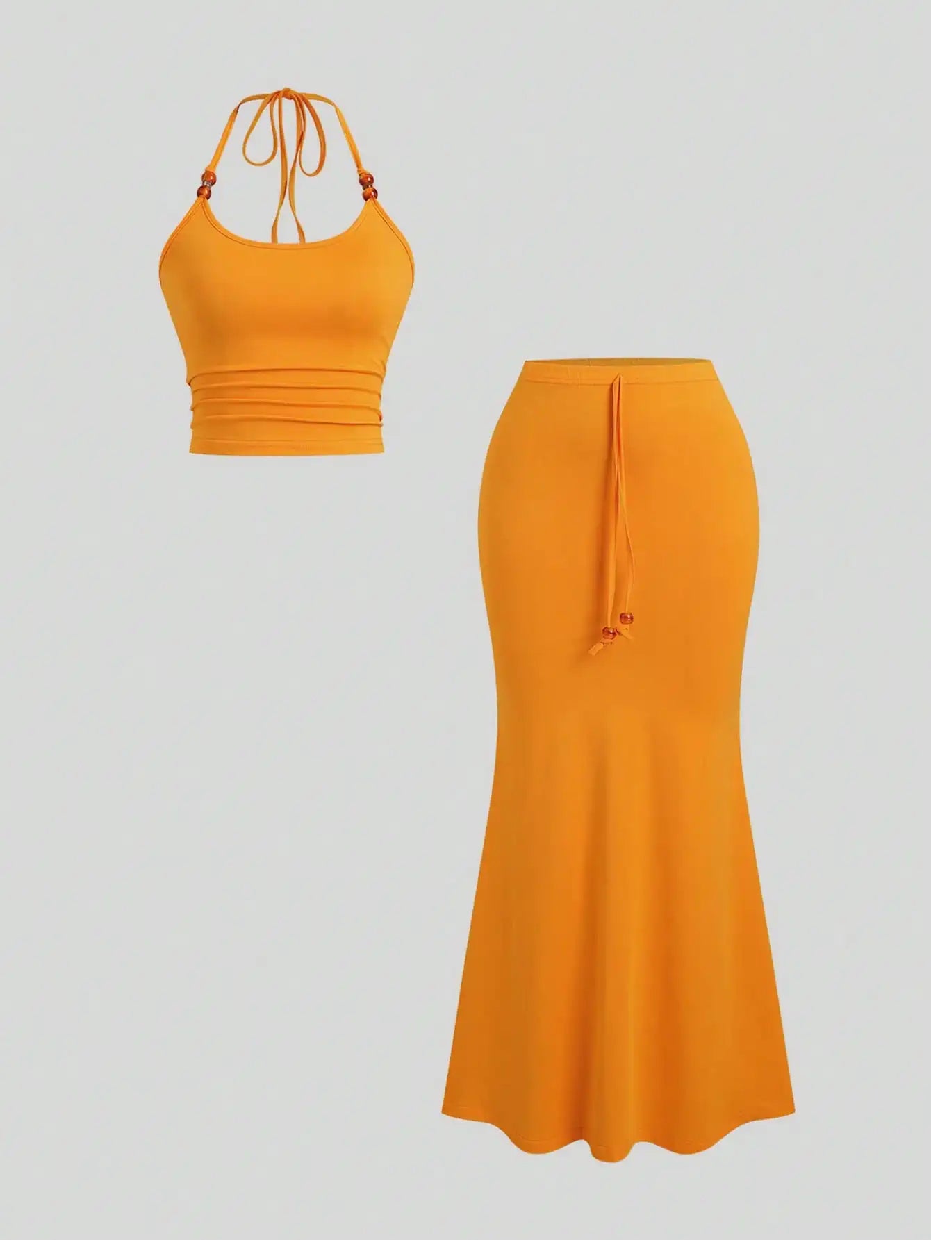 Women's Orange Halter Top & Bodycon Mermaid Skirt 2-Piece Set with Beaded Straps 